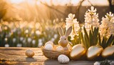 easter background with bunny hyacinths and easter eggs