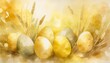 yellow watercolor illustration with easter eggs abstract background