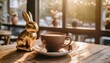 coffee cup with chocolate bunny on wooden table in coffee shop chocolate easter bunny sitting beside coffee latted
