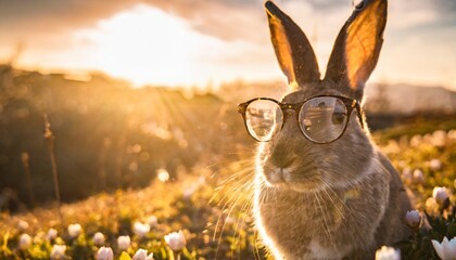 Wall Mural - easter bunny with glasses and colourful background