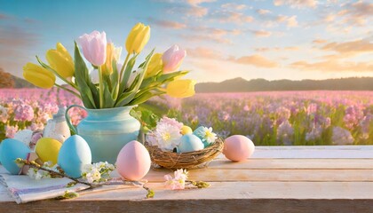 Wall Mural - easter still life with eggs and flowers springtime joy with an empty wooden table adorned in easter pastels the soft hues of pink blue and yellow set the stage for a delightful spring celebration