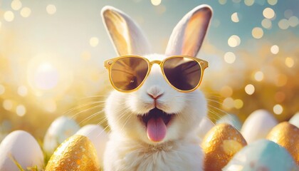 Wall Mural - funny happy easter concept holiday animal celebration greeting card cool white easter bunn with opened mouth rabbit with sunglasses and golden painted easter eggs
