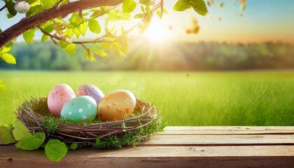 Wall Mural - painted easter eggs in a birds nest celebrating a happy easter in spring with a green grass meadow tree leaves and bright sunlight background with a rustic wooden bench to display products