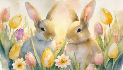 Sticker - watercolor painting of easter bunnies with flowers and tulips