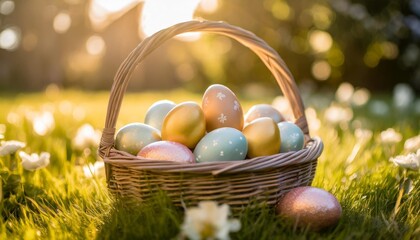 Sticker - basket full of colorful easter eggs on green grass in the garden on a sunny day