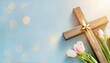 wooden cross with spring flowers on blue background with copy space religion background religious church holidays christianity feast easter palm sunday christening church wedding flat lay