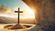 cinematic banner of cross in the easter empty christian tomb in the sunshine jesus christ easter empty tomb as a symbol of he is risen poster banner