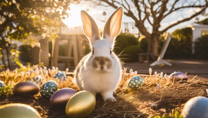 Wall Mural - cute white rabbit with easter eggs in gardend