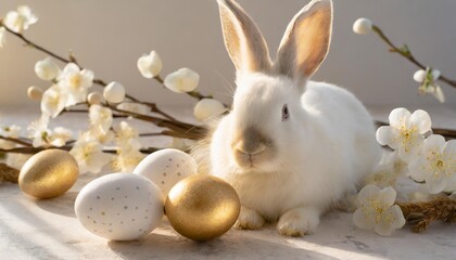 Wall Mural - happy easter white rabbit with eggs on a light background