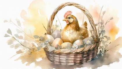 Sticker - easter chicken on the basket watercolor illustration