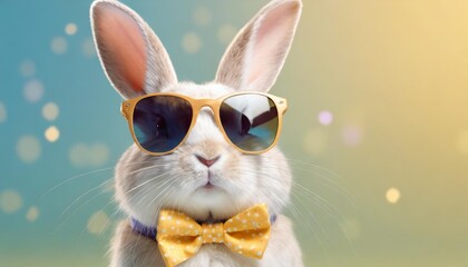 Wall Mural - very cool bunny with sunglasses and bow tie in front of isolated colorful background with copy space happy easter greeting card conceptd