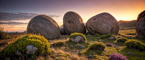 Wall Mural - The epic landscape with weathered boulders at sunset. Natural background, nature landscape wallpaper, banner. Created using generative AI tools