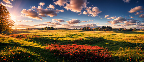 Canvas Print - Autumn landscape - view of the meadow and forest nearby at sunrise. Nature landscape wallpaper, banner. Created using generative AI tools