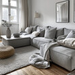 Scandinavian Comfort: Create a cozy and inviting living space with a gray sofa placed on a warm-toned wooden floor. Add soft textures such as wool throw blankets. Generative AI
