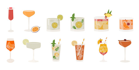 Set of popular classic cocktails. Different alcoholic drinks in various glasses. Summer aperitif garnished with lime twist, orange slice and cherry. Vector illustration of soft and alcohol beverages.