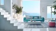 an image of a living room with blue steps, a luxuriously styled sole sofa