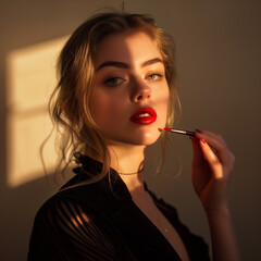 woman holding and paints lipstick on light brown background. Golden hour lighting, dramatic shade