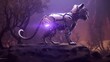 an image of a lone cyborg cat, its metallic enhancements gleaming in the purple monotony of an isolated extraterrestrial environment