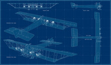 Heavy four-seat bomber from the First World War. Biplane Ilya Muromets. Four-engine aircraft. Aircraft blueprint with projections and perspective.