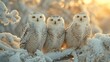 Three snowy owls perched on a snowcovered branch