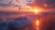 A Flock Of Seagulls Soar Over The Liquid Horizon In The Afterglow Of Sunset