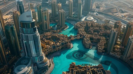 A bird's eye view of Dubai city during the day reveals a majestic cityscape with modern buildings, showcasing the city's development