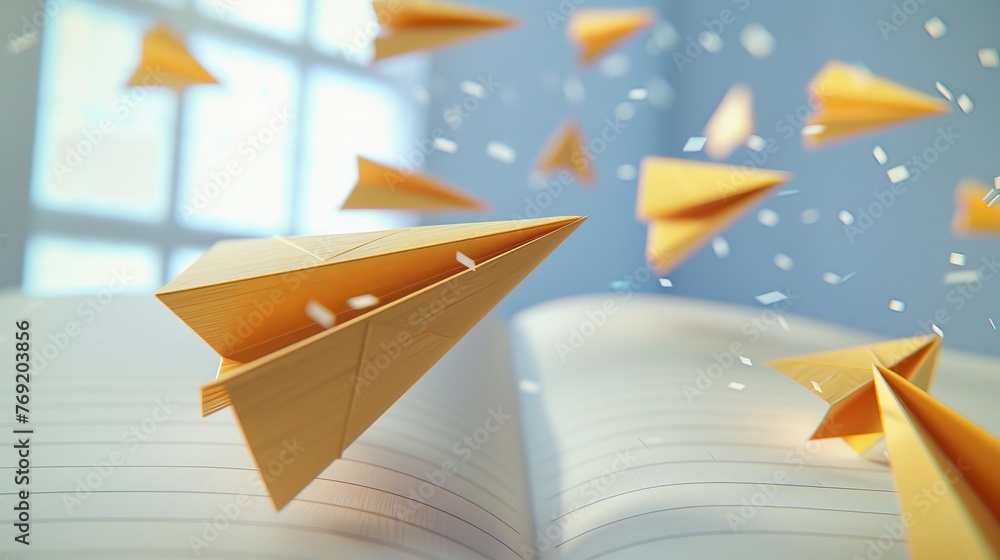 A school notebook background is animated with 3D yellow paper airplanes ...