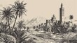 A scene depicting an old Middle Eastern oasis with a vintage tower, palm trees, and dwellings is sketched in retro engraving style, offering a glimpse into the region's past