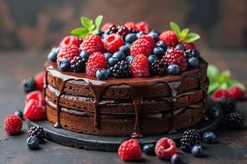 Wall Mural - Traditional homemade chocolate cake sweet pastry dessert with brown icing, cherries, raspberry