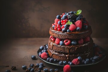 Wall Mural - Traditional homemade chocolate cake sweet pastry dessert with brown icing, cherries, raspberry