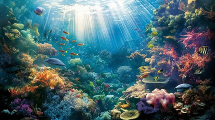 Wall Mural - Ocean with a sunlit coral reef underwater view.