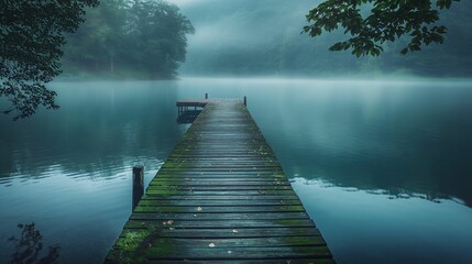 Quiet lake with a wooden pier disappearing into the mist.