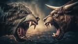 An angry bull fights an angry bear, dark background, banner