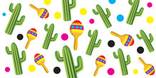 Mexico Illustration. Mexican Pattern. Vector Illustration With Design For The Mexican Holiday May 5 Cinco De Mayo. Vector Template With Symbols Of Mexico:captus And Maracas Vector Eps