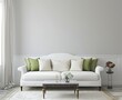 A simple and elegant white sofa with green pillows against the light gray wall of an empty living room