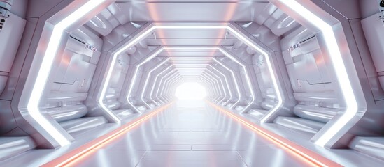 Wall Mural - Futuristic Tunnel Corridor with Illuminated White Windows and Neon Lights