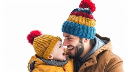 Joyous father and child in colorful winter hats laughing together, suitable for family, lifestyle, or clothing themes.