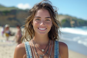 Poster - A happy woman with a big smile and a stylish hairstyle is standing on the beach surrounded by people, wearing multiple necklaces and enjoying the view of the water and sky