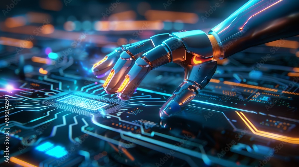Touching the Future: A hand interacting with a digital circuit board ...