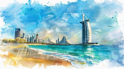 dubai's key landmarks, including the burj al arab, are creatively depicted using watercolor and flat