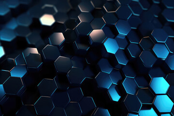 Hexagonal geometric ultra wide background. Abstract blue of futuristic. Sci fi banner, cover. 3d render illustration.