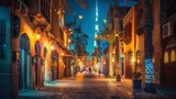 Dubai's old Arab city streets are illuminated at night, presenting a view filled with cultural and historical charm