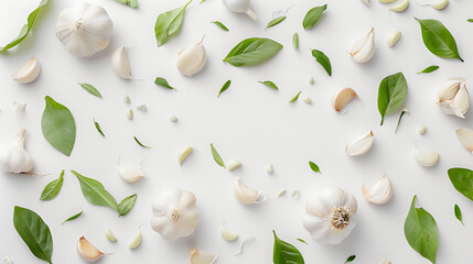 Wall Mural - garlic bulbs, cloves, and green leaves scattered on a plain white background.