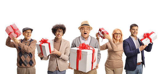 Sticker - Group of happy young and older people holding presents