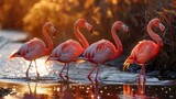 Fototapeta  - A group of Greater flamingos wading in water in their natural wetland habitat