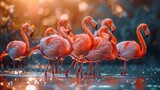 Fototapeta  - A group of Greater flamingos wade in the waters of their natural ecoregion