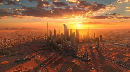 Wall Mural - Riyadh's King Financial District is depicted at sunset, highlighting the area's advanced technological infrastructure within the capital of Saudi Arabia