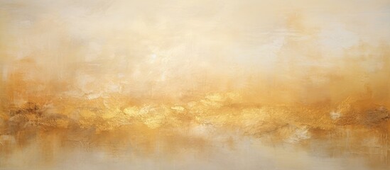 Wall Mural - A closeup of a painting featuring a landscape with a blurred horizon, using amber and peach tints on brown wood flooring. The art showcases a beautiful pattern with shades of brown