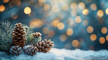 Festive Winter Table with Snowy Fir Branches and Abstract Lights