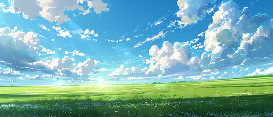 Wall Mural - a vast, lush green field under a bright blue sky adorned with fluffy white clouds